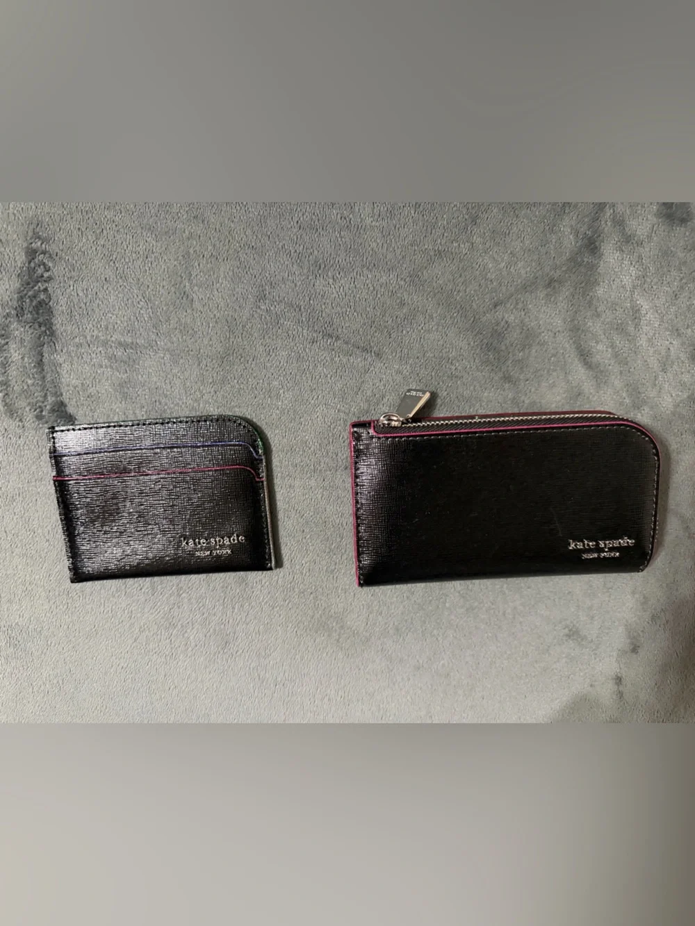 kate spade Black Leather Zip Wallet and Card Holder with Pink Trim